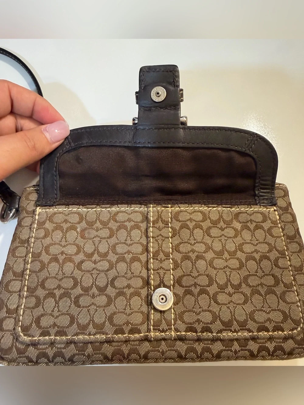 Coach Brown and Black Signature Canvas Wristlet with Buckle Detail